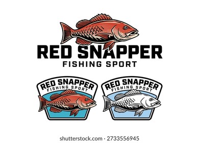 Red snapper peixe distintivo colorido logotipo conjunto para clube de esporte de pesca. Recife de água salgada de peixe costeiro moderno patch adesivo gráfico pacote para o esporte de pesca e torneio. Ilustração de vetor