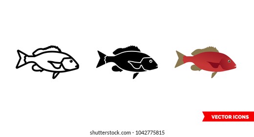 Red snapper fish icon of 3 types: color, black and white, outline. Isolated vector sign symbol.