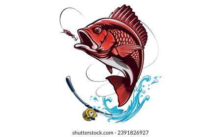 Red snapper isolated vector illustration. Fishing logo of red snapper. Fishing emlem for company or sport club. Marine theme background. NOT AI.