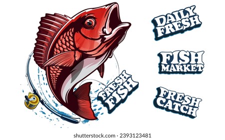 Red snapper isolated vector illustration. Fishing logo of red snapper. Fishing emlem for company or sport club. Marine theme background. NOT AI.