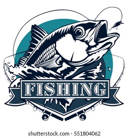 Red snapper with rods and ocean waves fishing logo isolated on white vector illustration. 