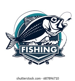 Red Snapper With Rods And Ocean Waves Fishing Logo Isolated On White Vector Illustration. 