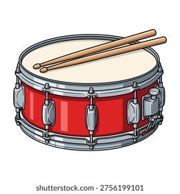 a red snare drum with drumsticks on top, perfect for music or instrument-related marketing, advertising, or educational materials