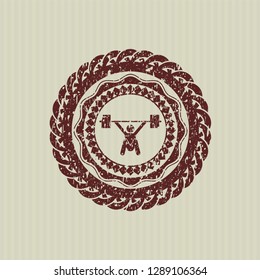 Red snatch, weightlifting icon inside distressed rubber grunge texture seal