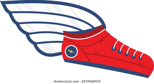 Maravilla roja con alas, calzado enérgico, ilustración de concepto de zapatillas de moscas de moda. Zapato alado dinámico, diseño vectorial deportivo, símbolo de velocidad.