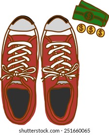Red sneakers with few money
