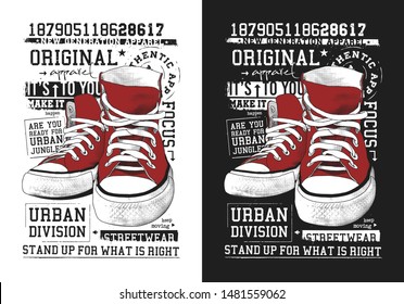 Red sneakers illustration with typography for t-shirt. 2 color print on white and black background.