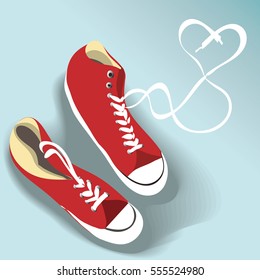 Red sneakers with laces and a heart of love