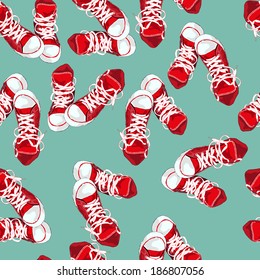 Red sneakers on green background. Vector illustration
