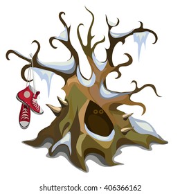 The red sneakers are on the tree in winter. Vector illustration.