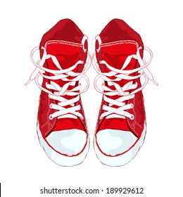 Red sneakers on white background. Vector illustration.