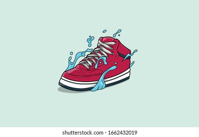 
Red sneakers on white soles with splashes of water