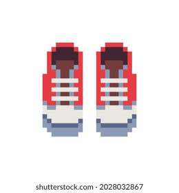 Red sneakers pixel art icon. Design for sticker, logo, web and mobile app. Isolated vector illustration.