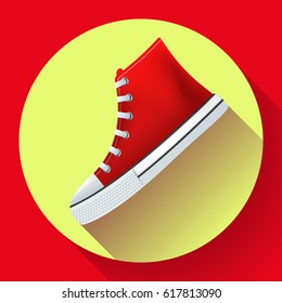 Red sneakers shoes for city running shoe flat design with long shadow.