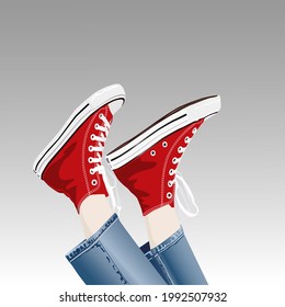 Red sneakers in trendy style. Funny vector illustration of a leg in sneakers upside down. People's way of life.