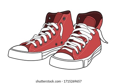 Red sneakers vector illustration. Realistic gym shoes color vector illustration for your business design