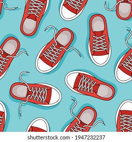 Red sneakers vector seamless pattern. Casual youth shoes on blue background. Sport illustration 