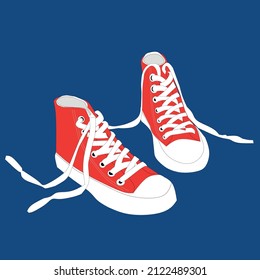 Red sneakers with white laces on a blue background.