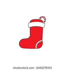 a red snow boot with fur trim and candy cane