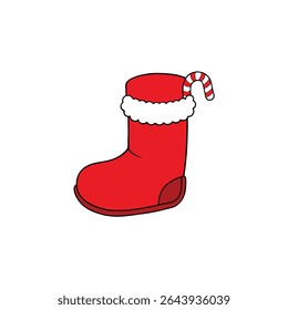 a red snow boot with fur trim and candy cane