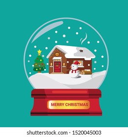 Red snow globe gift or souvenir. house wood covered snow illustration vector