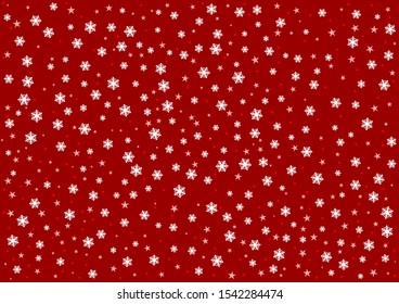 Red snow pattern. Falling snowflakes on a red background. Vector illustration
