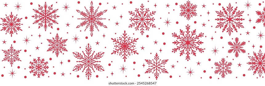 Red snow stripe banner, vector snowflake magical winter holiday border for greeting or invitation designs, isolated