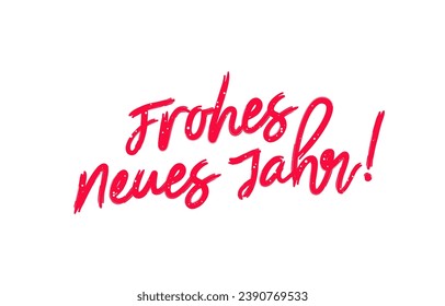 Red snow-covered inscription - Frohes Neues Jahr! Happy New Year in German. Brush lettering. Drawn with a brush by hand. New Year's poster. Vector illustration on a white background.