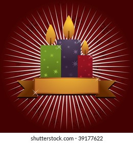 red snowflake background with christmas candles and gold banner