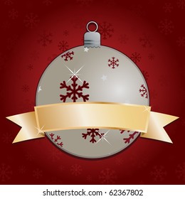 red snowflake background with christmas decoration and blank gold ribbon ready for text