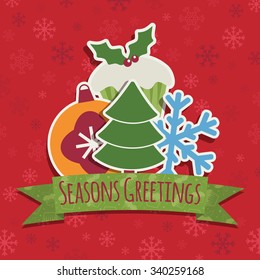 red snowflake background with christmas ornaments and ribbon with seasonal message