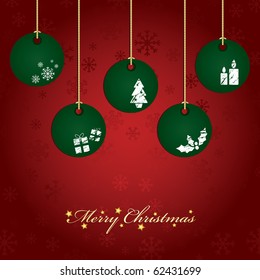 red snowflake background with green hanging christmas decorations