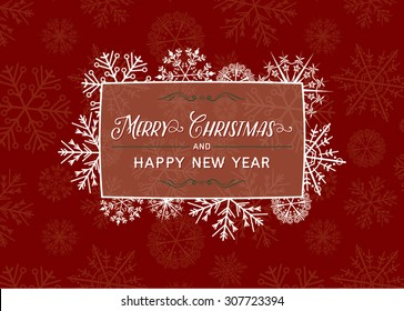 Red snowflake background with holiday greeting in frame. Vector illustration. Contains transparency.