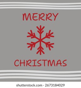 Red snowflake Christmas card, square holiday postcard with gray background and Merry Christmas text, minimalist modern winter greeting card design perfect for festive seasonal decoration.