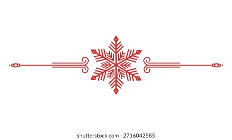 Divisor de texto decorativo del copo de nieve rojo con remolinos elegantes aislados en blanco
