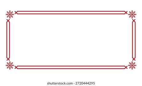 Red Snowflake Frame with Geometric Border, Rectangular Winter Holiday Template with Copy Space for Christmas and New Year Cards