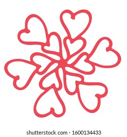 
Red snowflake made of hearts, made with the option Symmetry. Drawn by free lines on a white background. Themes of winter, new year and Valentine's Day. For gift wrapping, labels.