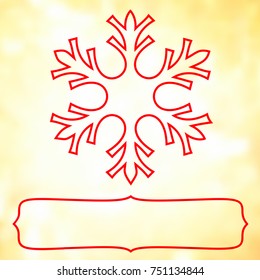 Red snowflake over golden blur background with empty frame for your text.