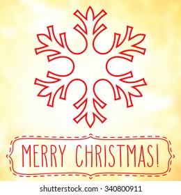 Red snowflake over square abstract smooth blur background with hand written Christmas greetings in a frame.
