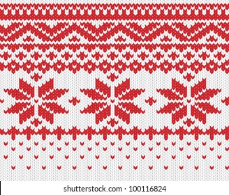 Red snowflake seamless knitted background. EPS 8 vector illustration.