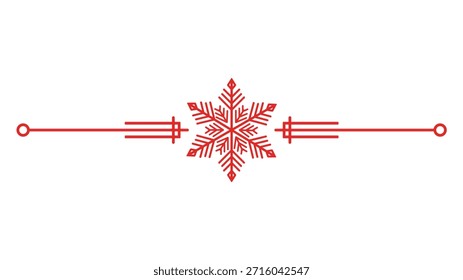 Divisor rojo del texto del copo de nieve con los extremos del círculo y las líneas geométricas, ornamento del día de fiesta del invierno para las tarjetas de felicitación, Ilustración vectorial aislada