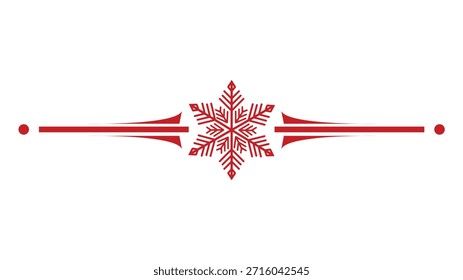 Red snowflake text divider with curved swashes and dots, winter holiday ornament for greeting cards, isolated vector illustration