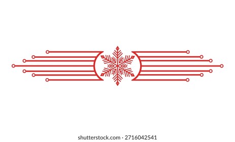 Divisor rojo del texto del copo de nieve con las líneas paralelas cónicas y los extremos del círculo, ornamento de las vacaciones de invierno para las tarjetas de felicitación, Ilustración vectorial aislada