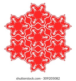Red snowflake with white silhouettes of dancing monkeys