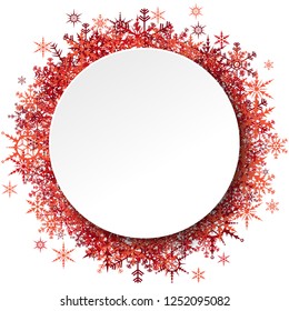 red snowflakes behind empty round frame for christmas winter greetings on white background