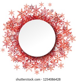 red snowflakes behind empty round frame for christmas winter greetings on white background