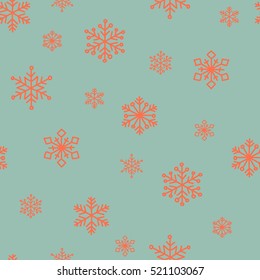 Red Snowflakes On A Blue Background. Snowflake Vector Pattern.