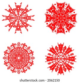 Red snowflakes on a white background. A vector illustration.