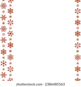 Red snowflakes. Seamless vertical border. Repeating vector pattern. Isolated colorless background. Endless holiday ornament. Place for text. Delicate crystal background. Frostwork. Frozen star. 