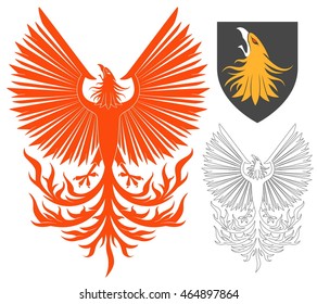 Red Soaring Phoenix Bird Illustration For Heraldry Or Tattoo Design Isolated On White Background. Heraldic Symbols And Elements